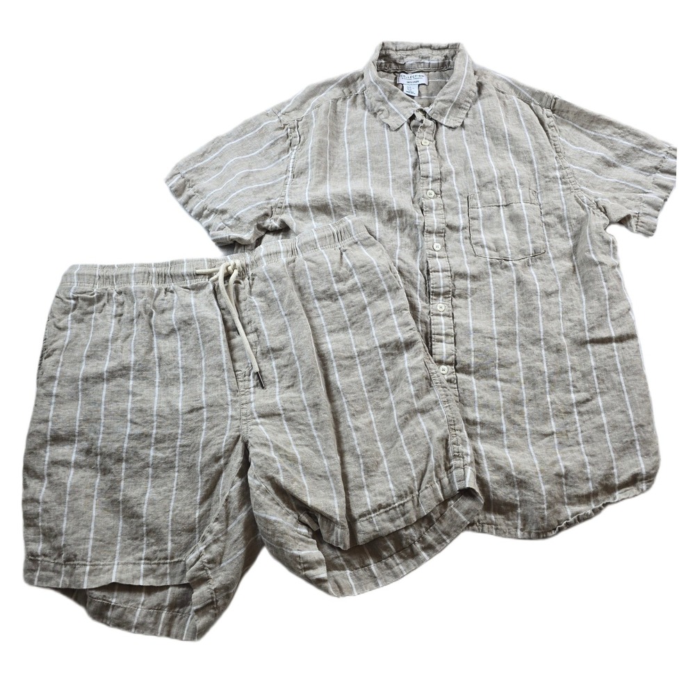 Collection by Michael Strahan Linen Set Mens XL Tan White Stripe Shirt & Shorts